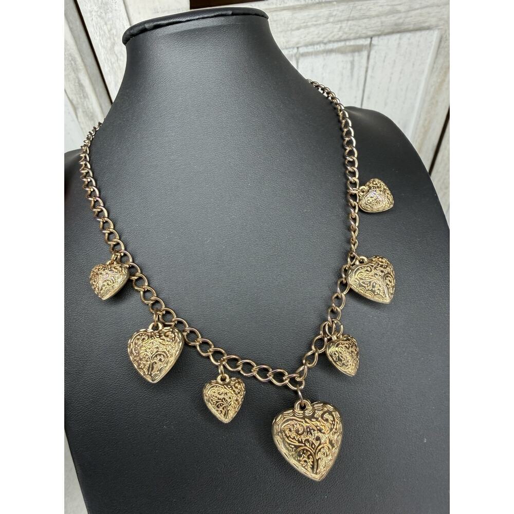Vintage Elegant Etched Puff Gold Charm Heart Necklace Chunky Link 80s 90s